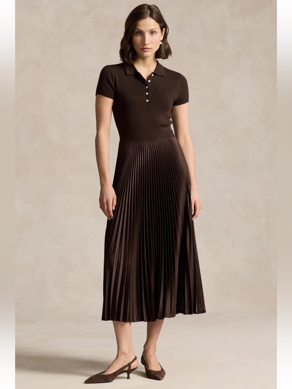 Polo Ralph Lauren brown wool cashmere silk Polo pleated dress